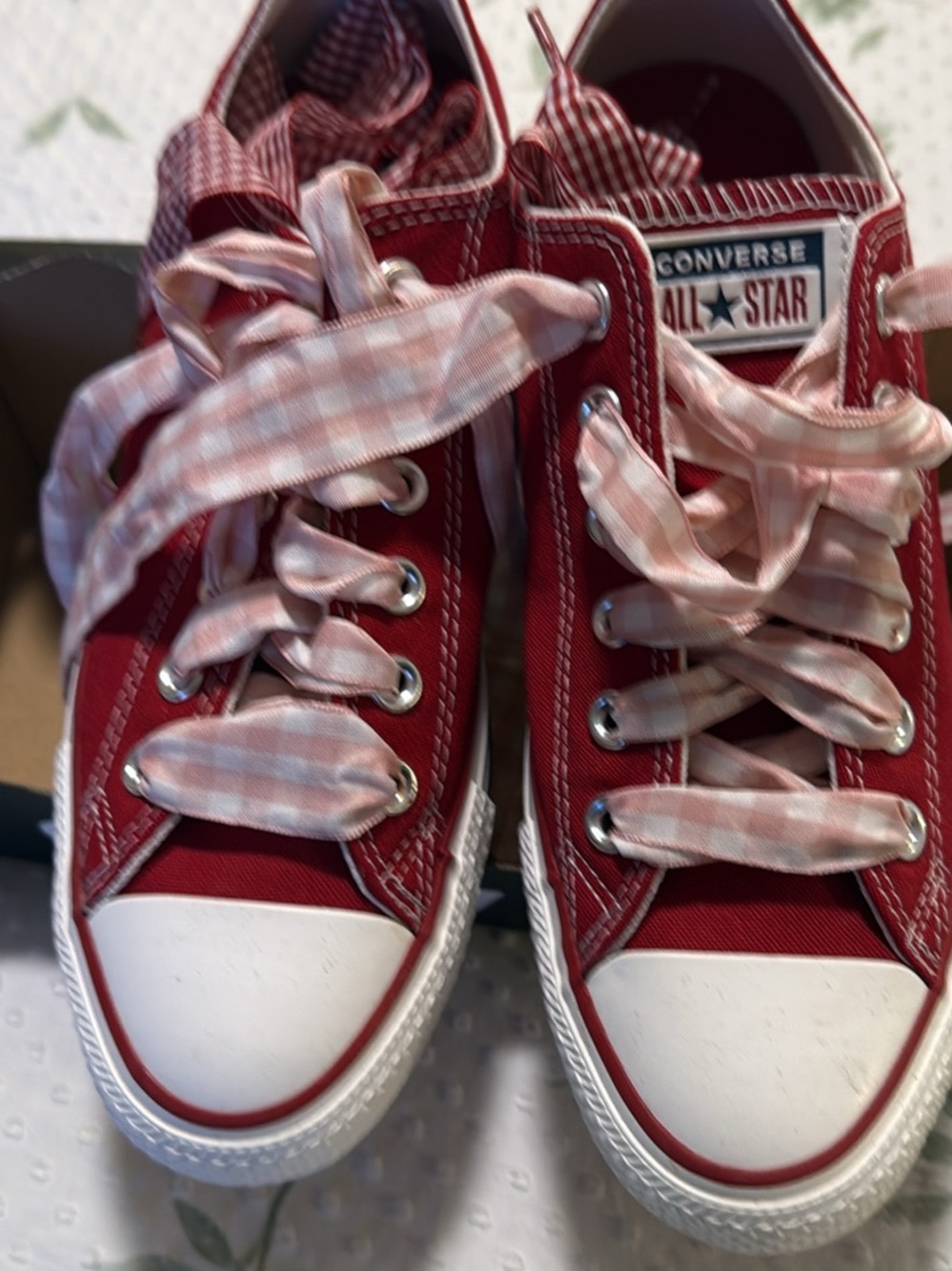 Converse Red Canvas Low Top Sneakers with Pink Gingham Ribbon Laces